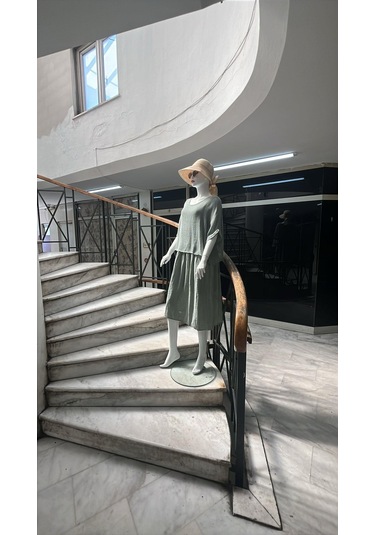 İtalyan Müslin Keteni Üstü File Bluzlu Astarlı Tek Parça Elbise-9256 Su Yeşili