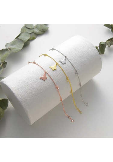 Queen Silver Jewelry 925 Ayar Gümüş Kelebek Objeli Zirkon Taş Sallantılı Bileklik Altın