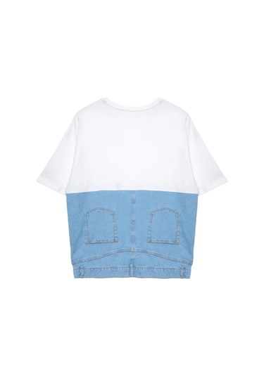 Ollacollection Denim Detaylı Kısa Kol Tişört Ekru