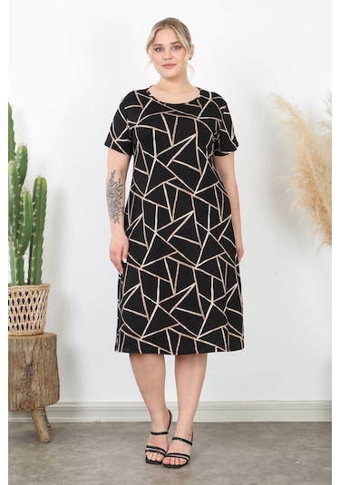 Kadın Siyah Bej Geometrik Desen Midi Elbise Siyah Bej Bej - Siyah
