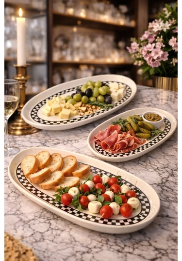 Damalı Kuşlu 3 Lü Kayık Tabak Beyaz - Siyah