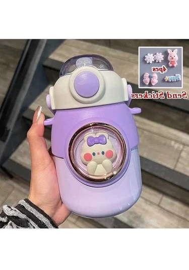 Elmpaly Çocuklar Kawaii Saman Şişe 700ml Mavi Ve Stickerli Paslanmaz, Çok Renkli