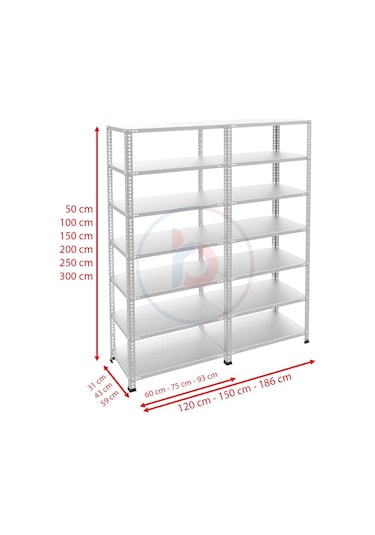 Rafburada 7 Katlı Duble Galvaniz Çelik Raf - Depo, Arşiv, Kiler, Dosya, Market Rafı-31x93 cm-300 cm-1.50 mm