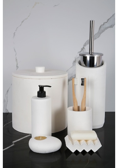 Betonmall 8 Parça Banyo Seti Sıvı Katı Sabunluk Diş Fırçalık Çöp Kovası Mumluk Tuvalet Fırçası - Beyaz Beyaz