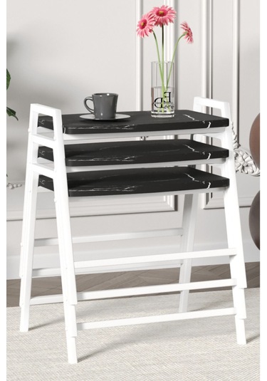 Zigon Sehpa , Aden 3'lü Tepsi Zigon Sehpa Takımı Beyaz Metal - Siyah Mermer Tabla Beyaz-siyah Mermer