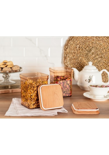Madame Coco Kaviera 1000ml Ahşap Kapaklı Saklama Kabı 2'li 1ksakl0432 Diğer
