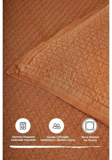 Evlen Home %100 Pamuk Çift Kişilik Özel Taş Yıkama Yatak Örtüsü Lüks Yumuşak Dayanıklı Modern Vitali Turuncu
