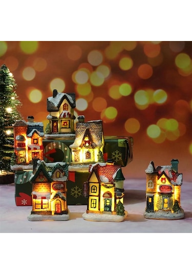 Neevoyu Noel Dekoru Mini Ev Şekli Parlak Led Işıklı Reçine Malzeme E Modeli