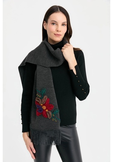 Desen Triko Kadın Örgü Çiçek İşlemeli Püsküllü Kaşkol 24072 K.füme K.füme Koyu Füme