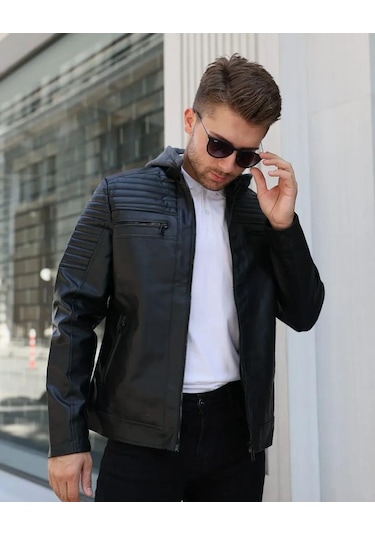 Erkek Kapüşonlu Siyah Deri Mont 001