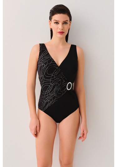 Suwen Lenora Kruvaze Toparlayıcı Mayo Sb25170900900 Siyah Simli Siyah