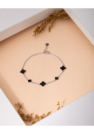 925 Ayar Rodyum Siyah Mineli Yonca Charm Gümüş Bileklik Rb10068