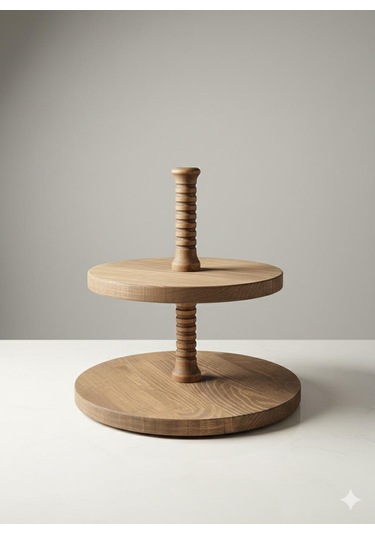 2 Katlı Ahşap Kek Kurabiye Sunumluk ,2 Katlı Doğal Ahşap Stant 28x28