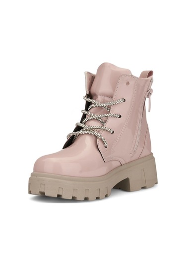 Günlük Çocuk Bot Rugan Çiçekli Taşlı Bağcıklı Fermuarlı Rugan Kalın Tıtrıklı Taban Bootie 600 Pudra - Rugan Pudra