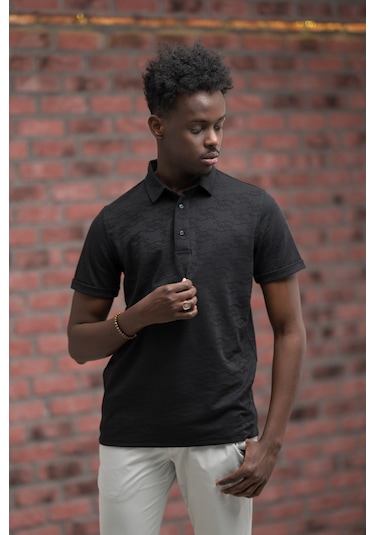 Advante Regular Fit Likralı Kendinden Desenli Polo Yaka T-shirt Siyah