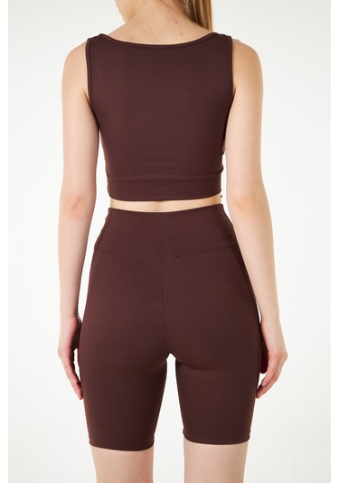 Yeşil Fitilli Kare Yaka Esnek Örme Crop Büstiyer Atlet Kahverengi