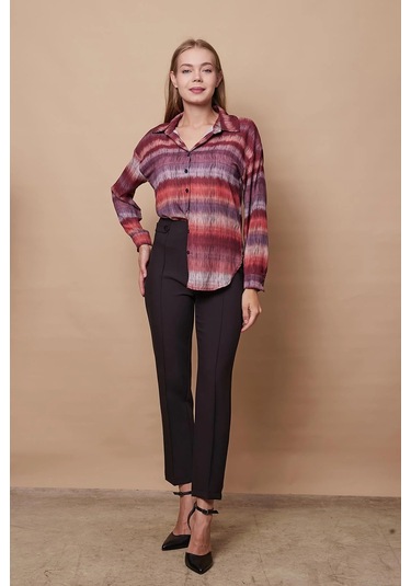 Kadın Desenli Yakalı Düşük Omuzlu Uzun Kol Şık Ofis Gömlek-Kiremit Çizgi Kiremit Çzg.