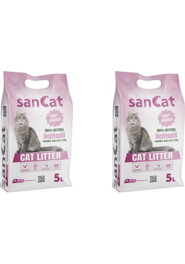 Sancat Premium Bebek Pudrası Kokulu Topaklaşan Beyaz Bentonit Kedi Kumu 2 x 5 L