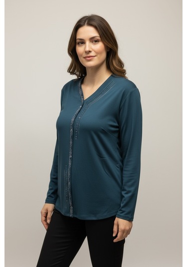 Kadın Önü Kapalı Düğme Detaylı Taşlı Nergis Mevsimlik Bluz Zümrüt
