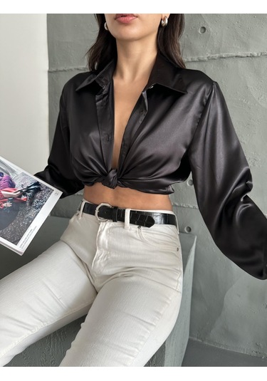 Kadın Oversize Siyah Renk Saten Gömlek-siyah Siyah