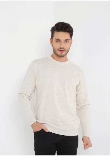 Unisex Uzun Kol Biskilet Yaka Dokuma Triko - Bej Bej