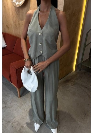 Moderie Butik Halter Yaka Yelekli Modal Takım 10144 Oli Ve