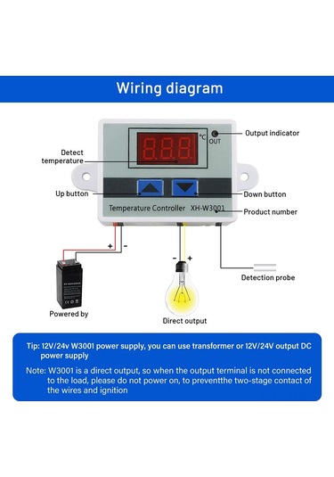 Jeehugo Xh-w3001 Mikrobilgisayarlı Sıcaklık Kontrol Cihazı -50 C/+110 C Aralığı, Led Ekranlı, 1m Su Geçirmez Sensör, 110-220v, Isıtma/soğutma Modu