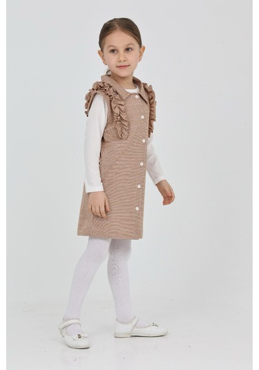 Kız Çocuk Omuz Fırfırlı 2'li Elbise Elbise+bady Bluz 12181 Açık Kahve Açık Kahverengi