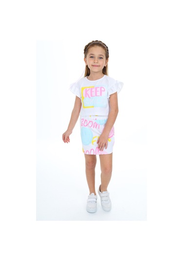 Toontoy Kız Çocuk Baskılı Etekli Takım Beyaz