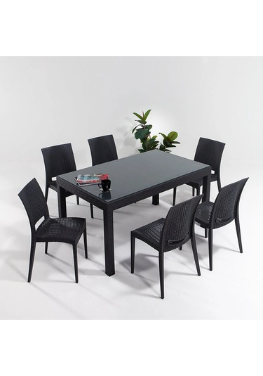 Rattan Camlı Dikdörtgen Masa Takımı 6 Kolsuz Sandalye Antrasit Bahçe Balkon Teras Antrasit