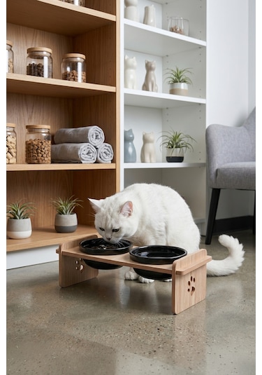 Ahşap Standlı Seramik Kaseli Kedi-köpek Mama Ve Su Kabı
