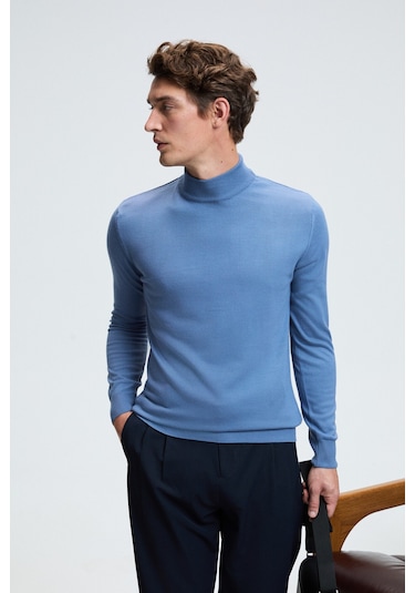 REBEL Erkek Yarım Balıkçı Yaka Basic Slim Fit Triko Mavi Kazak