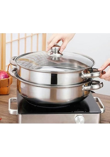 Novahub Paslanmaz Çelik Sebze Buharlı Pişirici Tava Seti - Şeffaf Gıda Ocak Pot Çift Kazanlar Sos Single-pot Tencere Seti Gümüş