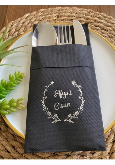 Gümüş Yaldızlı Siyah Afiyet Olsun Cepli Peçete 12 lı 40x40