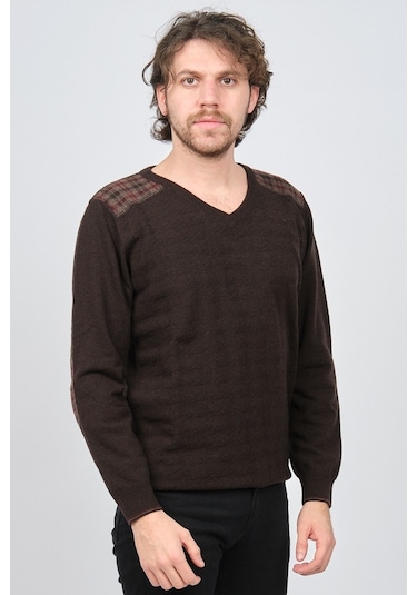 Desen Triko Erkek V Yaka Saf Yün Kazak 0246538 Kahverengi Kahverengi