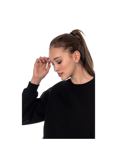Caya Kadın Ekru Renk Uzun Kesim Basic Örme Sweatshirt Cy84197 Beyaz Siyah