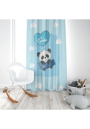 Uçan Panda Mavi 2 Kanat Fon Perde MAvi