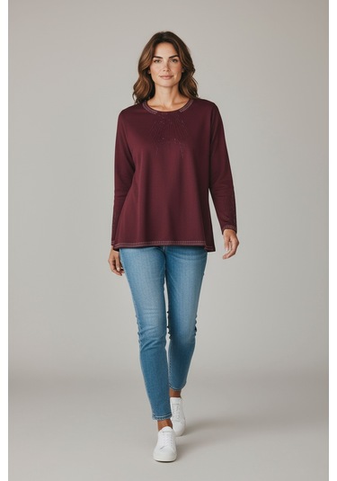 Kadın Yaka Ve Kol Ağzı Taşlı Etek Desenli Bluz Bordo