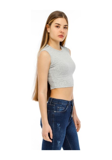 Bella Dossi Rahat Gri Kaşkorse Kolsuz Sıfır Yaka Kadın Crop Top Gri