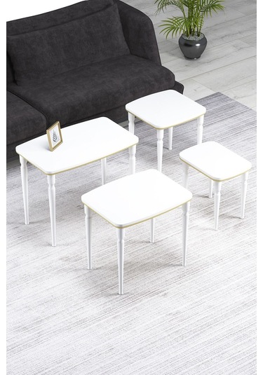 Imaj Mdf Ve Lake Boya, Beyaz-gold 4lü Zigon Sehpa Takımı, Beyaz Gürgen Ayaklar Sehpalar Beyaz-gold Ayaklar Beyaz