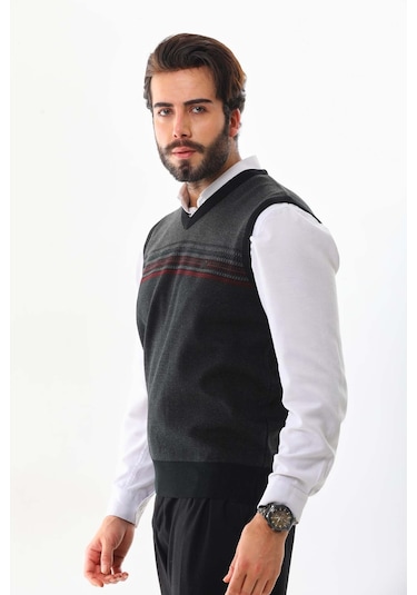 Pelikan Erkek Desenli V Yaka Süveter 9602 Füme