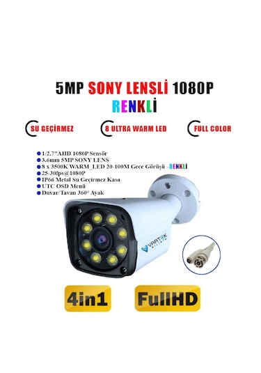 5 Kameralı Gece Renkli 5mp Lensli 1080p Fullhd Kamera Seti