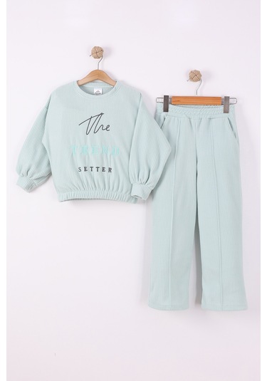 Monox Kız Çocuk Trend Nakışlı Tarz Fitilli Polar Takım Yeşil