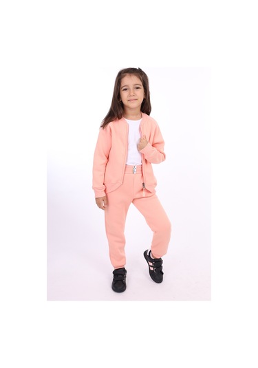 Kız Çocuk 2'li Takım Nakış Baskılı Bebe Yaka Fermuarlı Sweatshirt & Beli Lastikli Bol Paça Eşofman Altı - 3 İplik Şardonlu Somon Kız Çocuk 2'li Takım Nakış Baskılı Bebe Yaka Fermuarlı Sweatshirt & Beli Lastikli Bol Paça Eşofman Altı - 3 İplik Şardonlu Somon