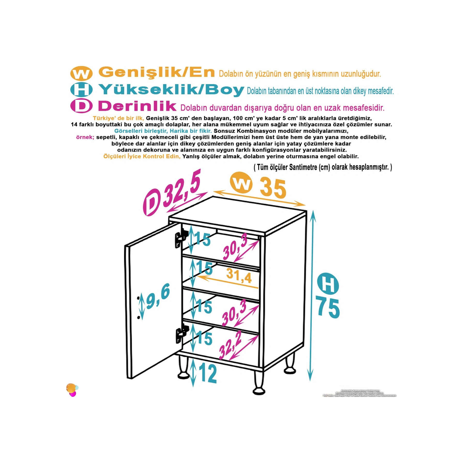 Efil Dolap Dar Alanlar İçin Çok Amaçlı Dolap 1 Kapaklı 4 Göz Raf Dolap 35x75x32,5 Cm Beyaz
