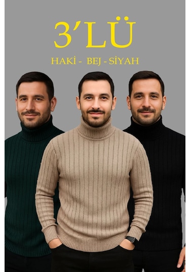 Erkek Fitilli Triko Kazak 3lü Set Bej Haki Siyah Regular Balıkcı Yaka Tam Boğazlı Triko Seti Modeli Kazak Çok Renkli