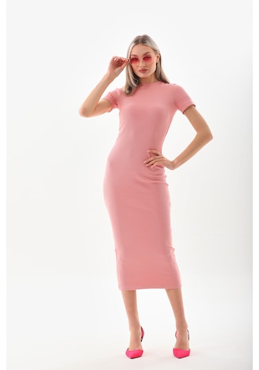 Pembe Kısa Kollu Diz Altı Fitilli Esnek Kalem Elbise - 130 Cm