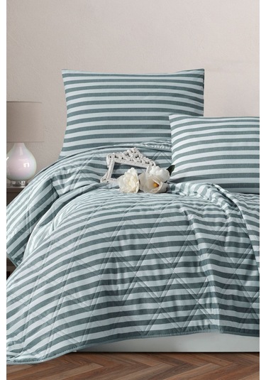 Enlora Home Water Yollu Saten Çok Amaçlı Örtü Çift Kişilik Yeşil