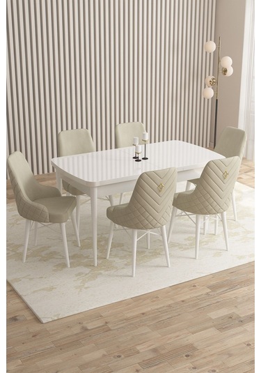 Mazaka Beyaz 80x132 Açılabilir Mdf Masa Yemek Odası Takımı, Mutfak Takımı 6 Adet Sandalye Krem