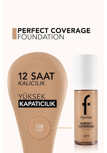 Flormar Perfect Coverage Yoğun Kapatıcı Su Bazlı Fondöten (Soğuk Alt Ton) -108 Honey -8682536058285